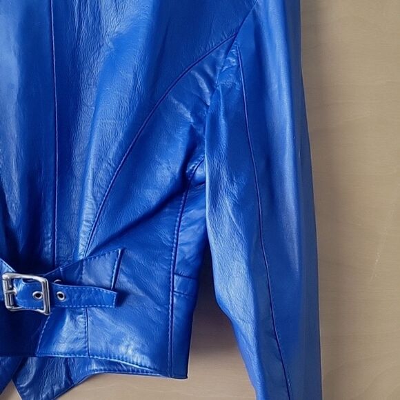 VTG Michael Hoban North Beach XS S 80s Blue Leather Jacket Cropped Peplum Moto - Picture 11 of 15